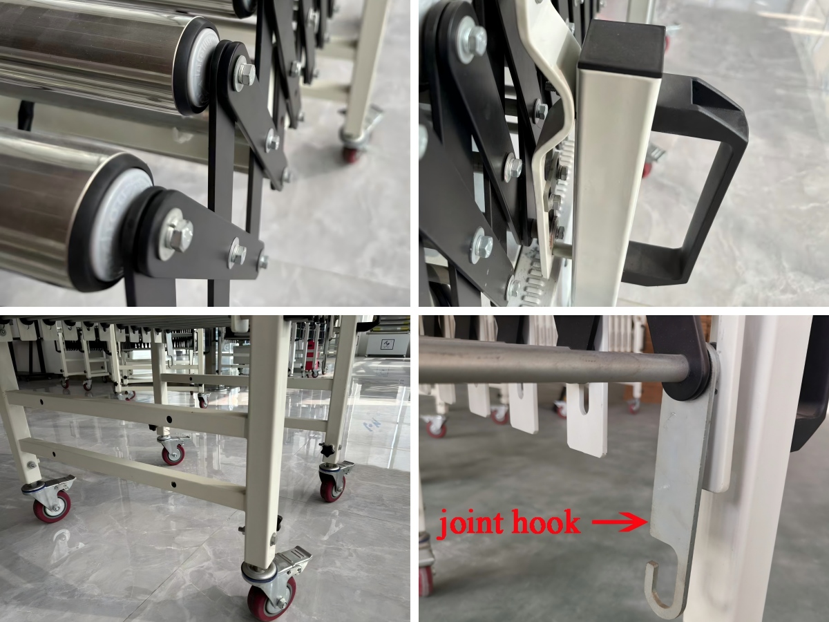 details of flexible expandable gravity roller conveyor 유연한 확장형 중력 롤러 컨베이어의 세부 정보