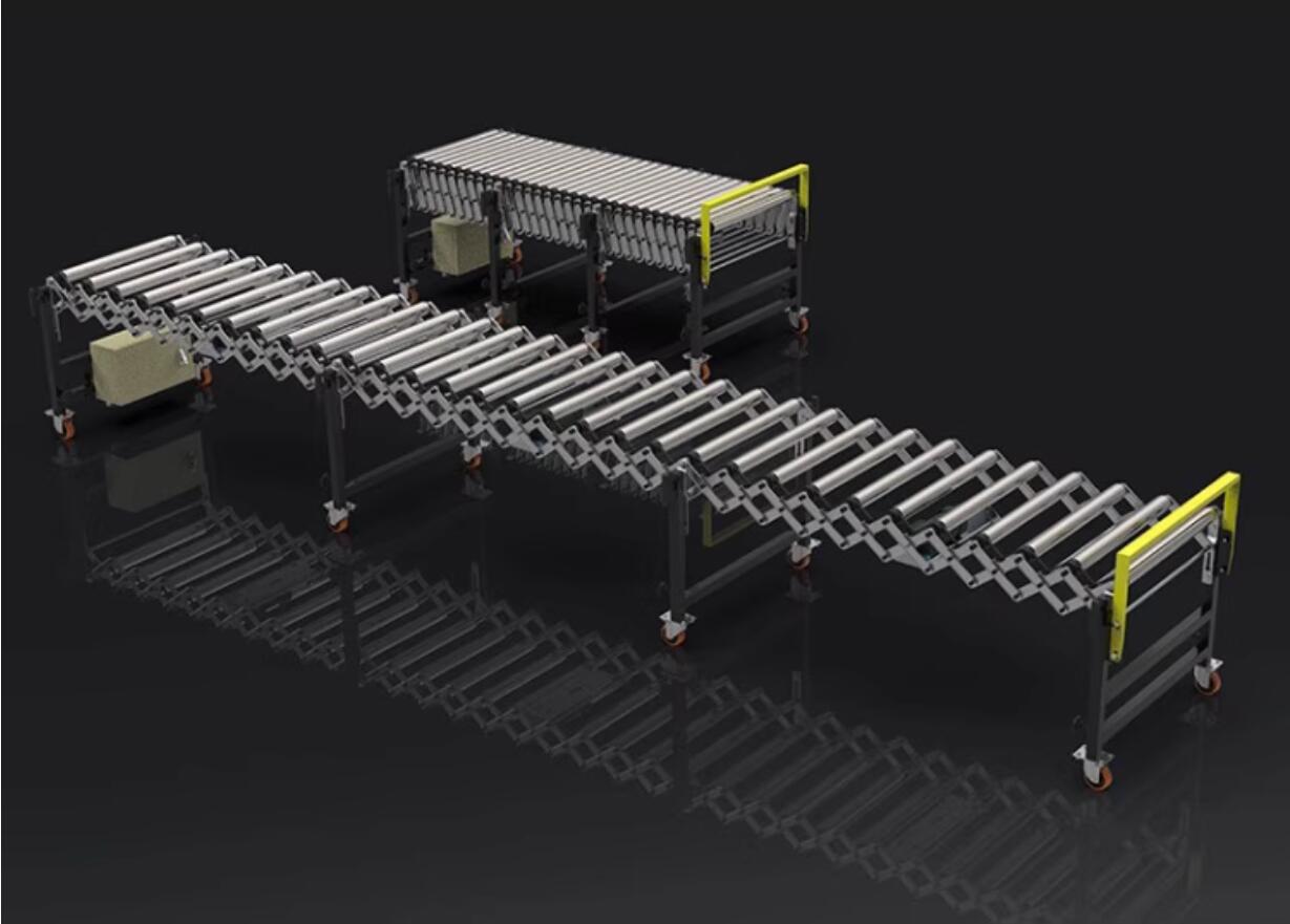 flexible expandable gravity roller conveyor – comparison of retracted and extended states 유연한 확장형 중력 롤러 컨베이어 – 수축 및 확장 상태 비교