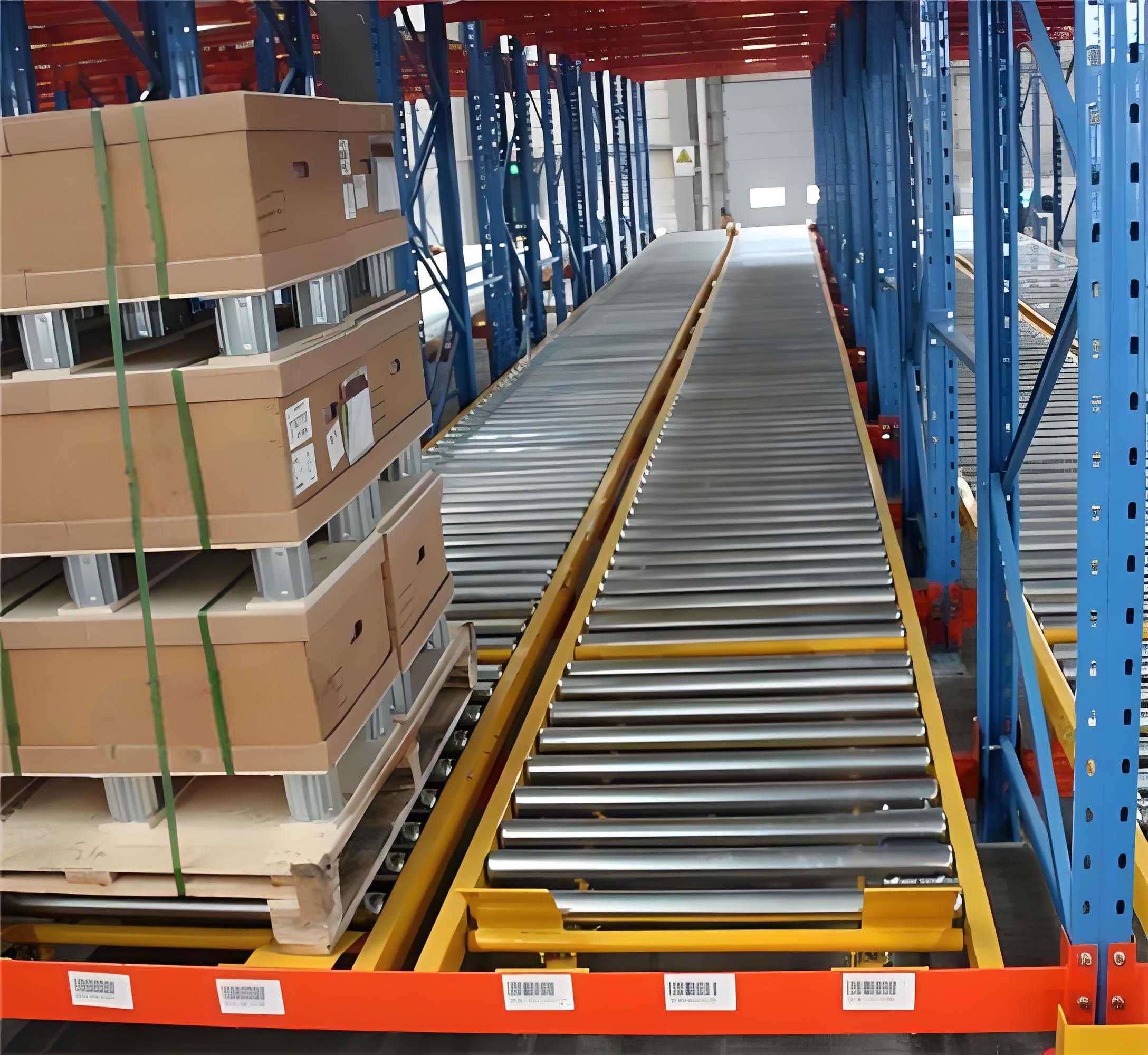 팔레트 핸들링을 위한 중력 랙 롤러 컨베이어