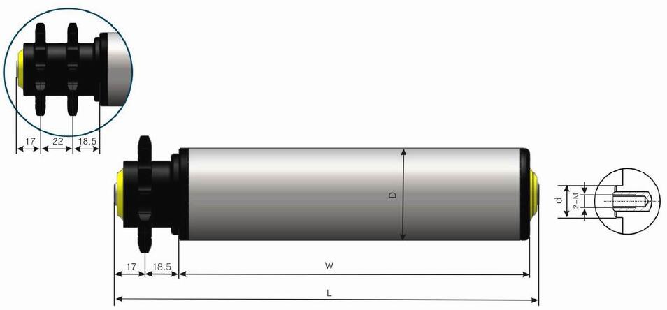DR214 중형 플라스틱 스프로킷 아연 도금 강철 컨베이어 롤러